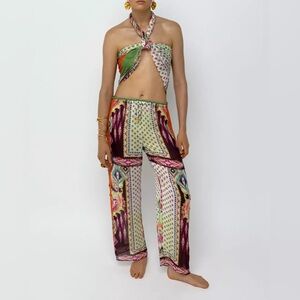 Zara Chiffon Sheer Printed Trousers Aztec design extremely colorful